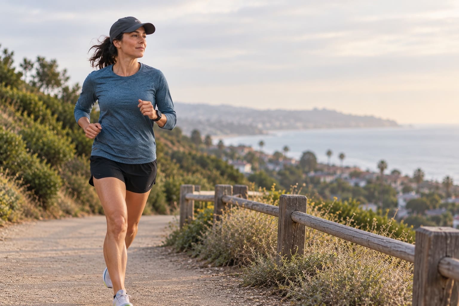 A runner at an easy, relaxed effort on a coastal path at sunrise, shoulders loose and unhurried.
