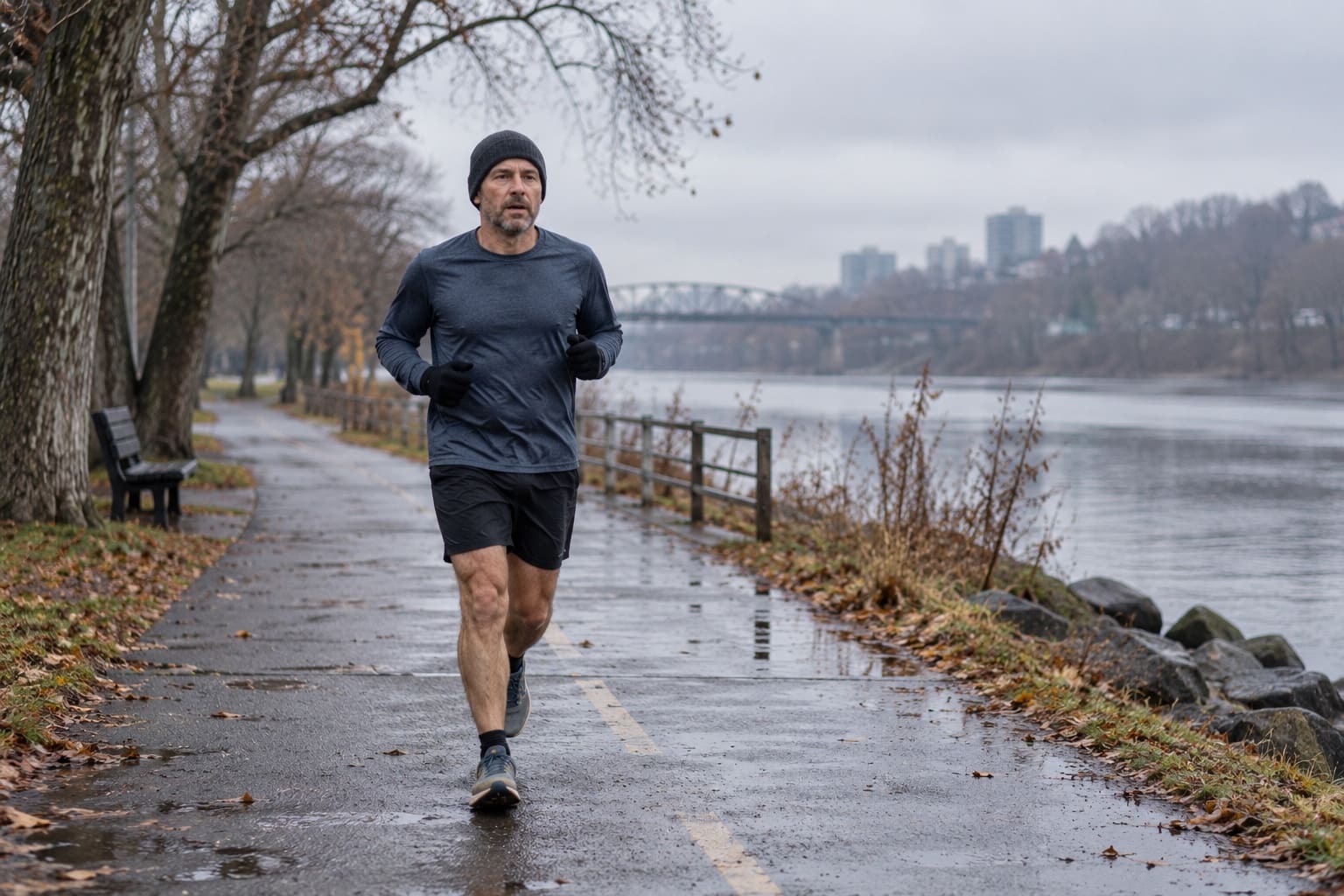 A runner well into a long run on a wet riverside path in winter, bare trees and grey water behind.