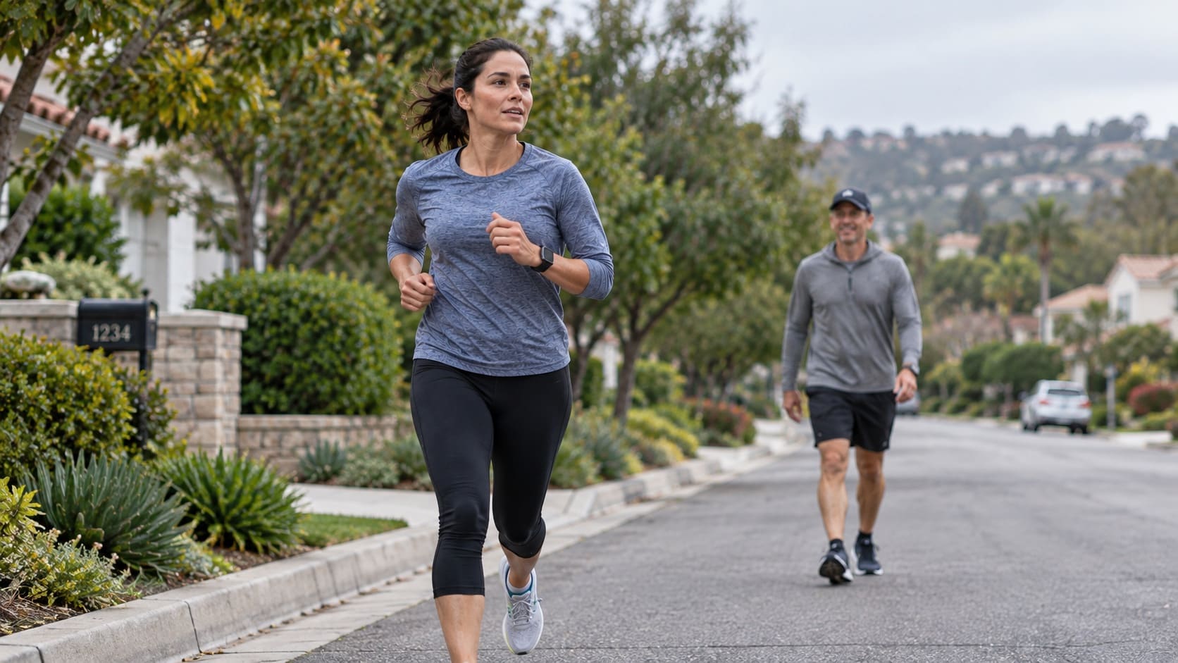 A woman running on a neighbourhood street on an overcast morning, with a man walking a few metres behind her.