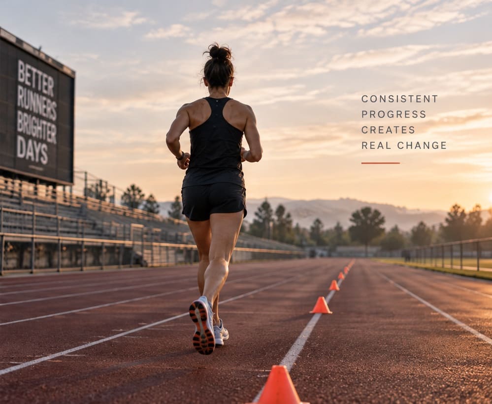 A runner on a suburban pavement in early morning light.